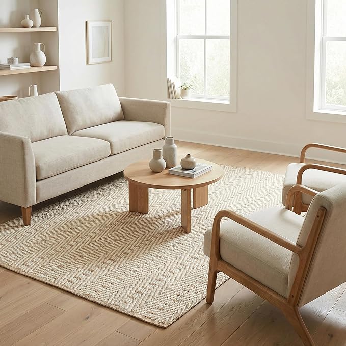 Jute Cotton Geomatric Area Rug 5x7 Feet - Natural White, Farhouse Reversible Soft & Sturdy Floor Rugs Ideal for Living Room, Dinning Space, Bedroom | Decorative Neutral Blend Patio Mat for Nursary