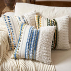 Aeckself Boho Chenille Tufted Throw Pillow Covers 18x18 Inch Set of 2, Farmhouse Decorative Striped Square Pillow Covers Accent Neutral Pillowcase for Living Room Couch Bed, Blue