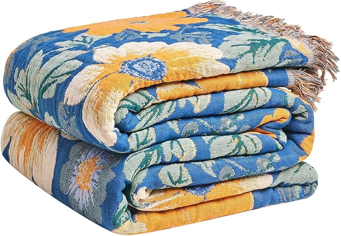 Boho Throw Blanket for Bed Cotton Spring Blankets for Bedroom Living Room Twin All Season Lightweight Floral Embroidery Quilt for Couch Sofa Chair 60"x80"
