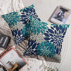 Navy Blue Teal Pillow Covers 20X20 Inch Set of 2, Summer Modern Geometry Dahlia Floral Print Decorative Throw Pillow Covers Outdoor Farmhouse Cushion Case for Couch Sofa Bed Decor
