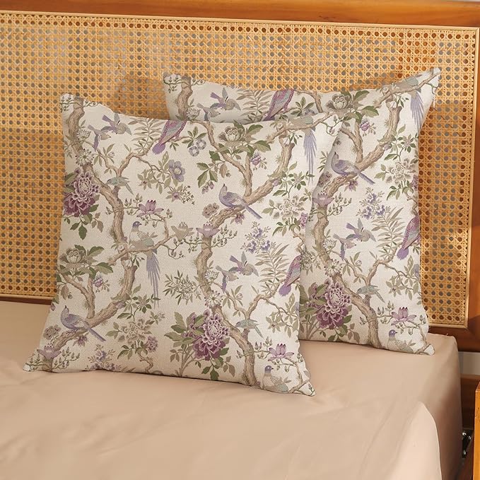 Chinoiserie Pillow Covers 20x20 Set of 2 Purple Green Floral Bird Throw Pillows Vintage Flowers Bird Decorative Pillow Cases Outdoor Chinoiserie Decor Farmhouse Cushion Case for Couch Sofa