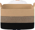 Goodpick 105L Extra Large Blanket Basket 25" x 16" x 16" Cotton Rope Storage Baskets for Organizing, Wicker Laundry Basket with Handles, Rectangle Woven Baskets for Storage, Black & Jute