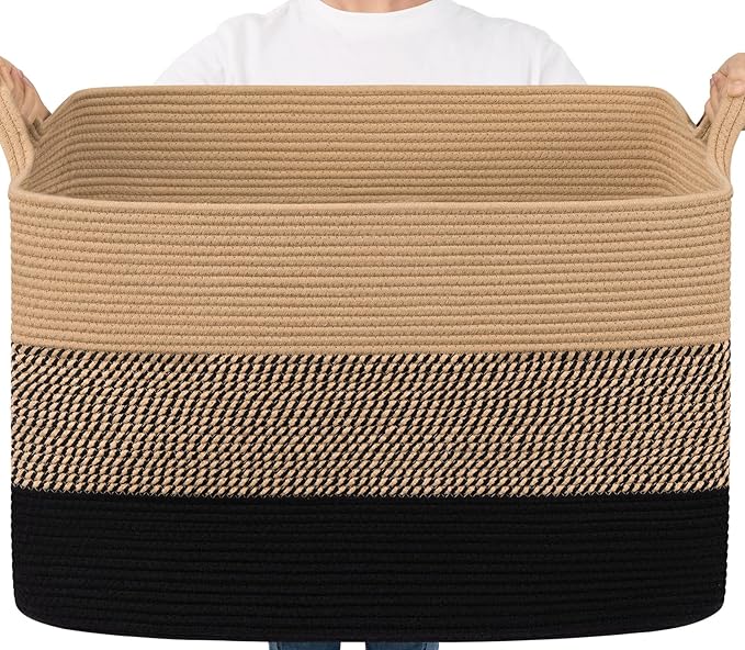 Goodpick 105L Extra Large Blanket Basket 25" x 16" x 16" Cotton Rope Storage Baskets for Organizing, Wicker Laundry Basket with Handles, Rectangle Woven Baskets for Storage, Black & Jute