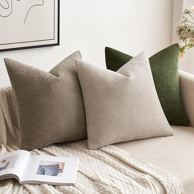 MIULEE Pack of 2 Olive Green Decorative Pillow Covers 18x18 Inch Soft Chenille Couch Spring Throw Pillows Farmhouse Cushion Covers for Home Decor Sofa Bedroom Living Room