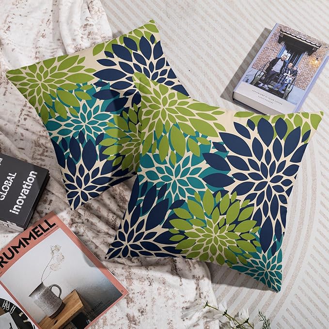 Navy Blue Green Teal Pillow Covers 22X22 Inch Set of 2, Modern Dahlia Floral Print Decorative Throw Pillow Covers Outdoor Farmhouse Cushion Case for Home Couch Sofa Bed Decoration
