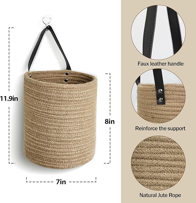 Hanging Basket 2 Pack, Small Wicker Wall Baskets for Organizing, Woven Boho Wall Hanging Decor, Indoor Plant Holder, Cotton Rope Door Organizer, Shelf Storage Bin, 7"D x 8"H (Jute)