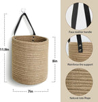 Hanging Basket 2 Pack, Small Wicker Wall Baskets for Organizing, Woven Boho Wall Hanging Decor, Indoor Plant Holder, Cotton Rope Door Organizer, Shelf Storage Bin, 7"D x 8"H (Jute)