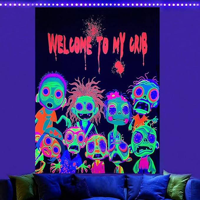 Welcome to My Crib Tapestry Funny Zombie Family Tapestry Blacklight Horror Tapestries UV Reactive Poster Glow in the Dark Black Light Posters The Walker Undead Ghoul Tapestries for Bedroom 48” x 36”