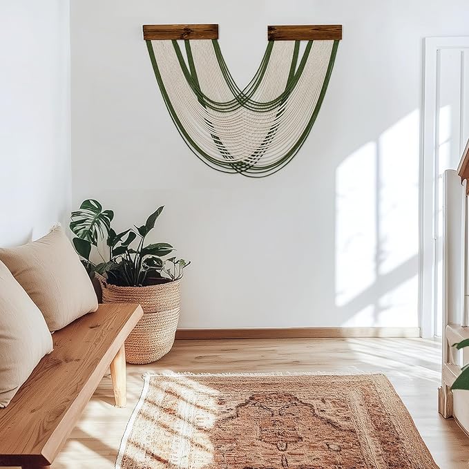 EOBTAIN Green Macrame Wall Hanging Macrame Wall Decor, Handmade Beige Yarn Tassel Boho Tapestry Woven Wall Art for Bedroom Living Room Backdrop Apartment Home Decorations, 23.6x31.5 Inch