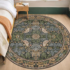 Washable Round Area Rugs 6ft for Living Room, Green Forest Soft Non-Slip Circle Rug with Rubber Backing, Vintage Large Boho Floral Bird Carpet for Bedroom, Kitchen, Nursery, Stain Resistant