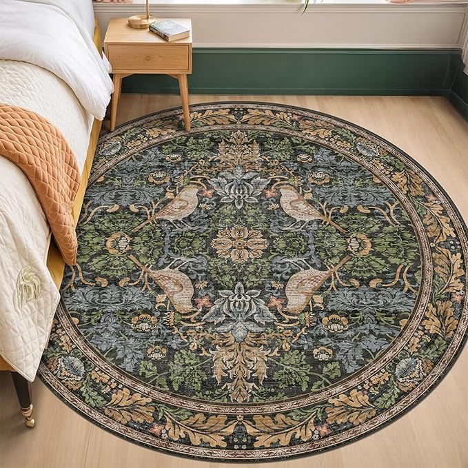 Washable Round Area Rugs 6ft for Living Room, Green Forest Soft Non-Slip Circle Rug with Rubber Backing, Vintage Large Boho Floral Bird Carpet for Bedroom, Kitchen, Nursery, Stain Resistant