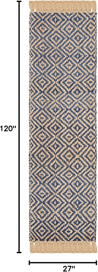 SAFAVIEH Natural Fiber Collection Runner Rug - 2'3" x 10', Tropical Blue & Natural, Handmade Boho Diamond Tassel Jute, Ideal for High Traffic Areas in Living Room, Bedroom (NF266D)