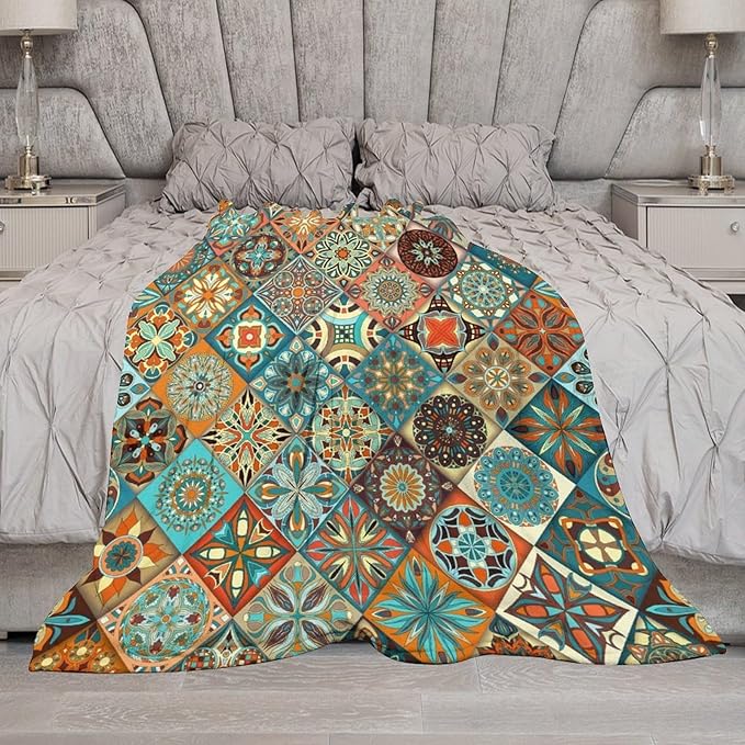 Vintage Boho Floral Throw Blanket Mandala Colorful Bohemian Flowers Art Pattern Blanket for Sofa Bed Couch Chair Or Dorm 30"x40"