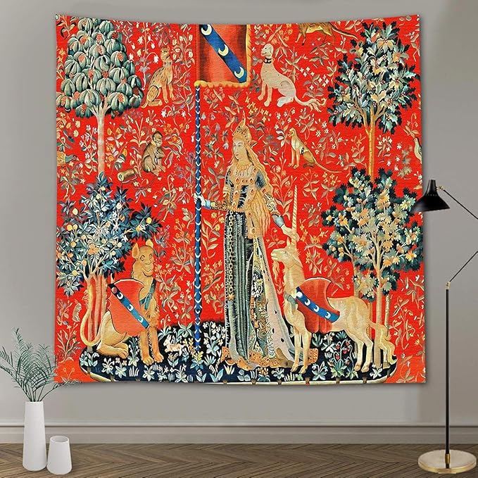 FEASRT European Medieval Royal Tapestry Maiden and Unicorn, 90x84 Inches Soft Flannelette, for Medieval Art Collection of Decorative Wall Art