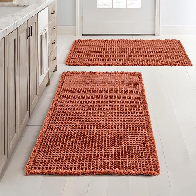 MIULEE Orange Set of 2 Waffle Bathroom Rugs, Boho Bath Rugs Non Slip Washable, Super Absorbent Bath Mats, Ultra Soft Rubber Backed Shower Mats for Bathroom Floor, Tub and Shower, Fall Decor 18x30 Inch