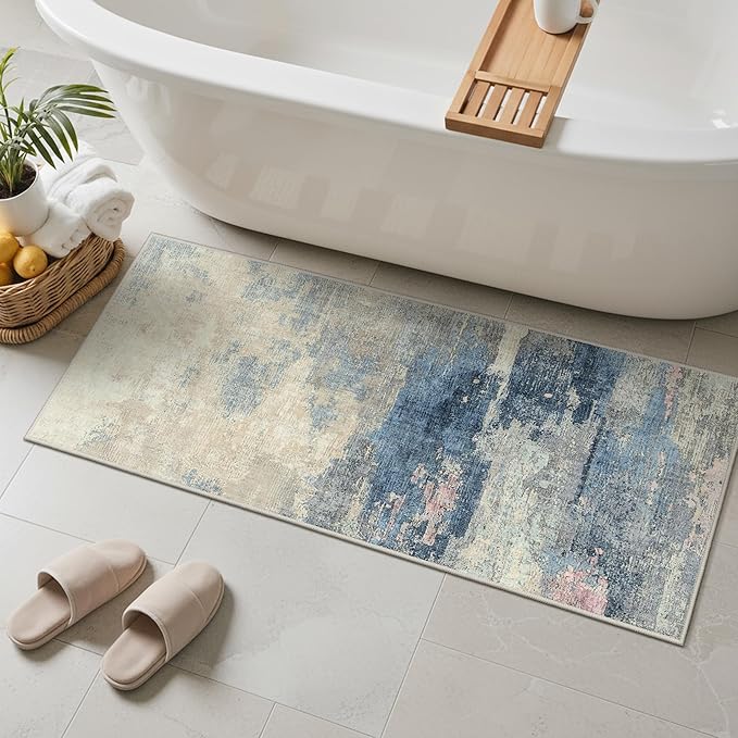 GENIMO 2X5 Washable Modern Runner Rug for Hallway, Non-Slip Low Pile Chenille Print Rug, Soft Rugs for Indoor Entryway Kitchen Corridor, Dusk Tide