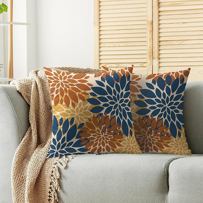 Blue Orange Yellow Pillow Covers 22X22 Inch Set of 2, Modern Dahlia Floral Print Decorative Throw Pillow Covers Outdoor Farmhouse Cushion Case for Home Couch Sofa Bed Decoration