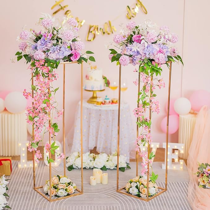 Gold Stand Wedding Centerpieces for Tables - 39.4in Tall Vases for Centerpieces, 2 Pcs Metal Column Flower Stand, Rectangular Flower Display Rack, Wedding Decorations for Tables, Party, Events, Home