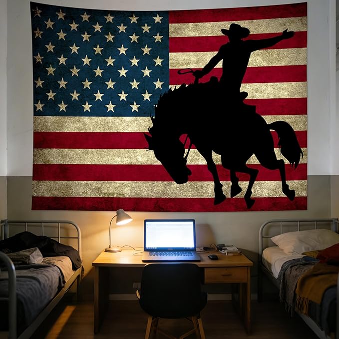 LB Western Cowboy Tapestry Vintage American Flag Tapestry for Bedroom Cool Man on Black Horse Tapestries Wall Hanging for Living Room College Dorm Wall Decor,60x40 inches