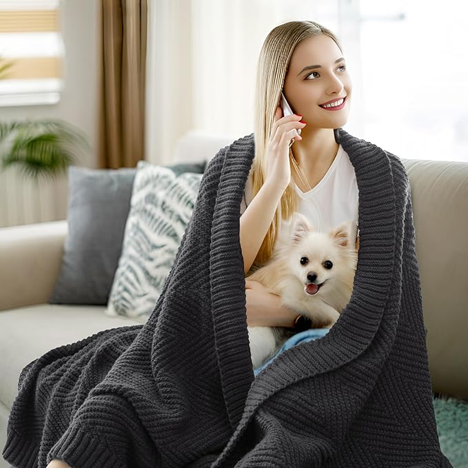 Knitted Throw Blanket 60"X80", Dark Grey Knit Throws for Bed, Super Soft Boho Chevron Blankets for Couch Sofa Chair Room Decor, Textured Decorative Farmhouse Cozy Lightweight
