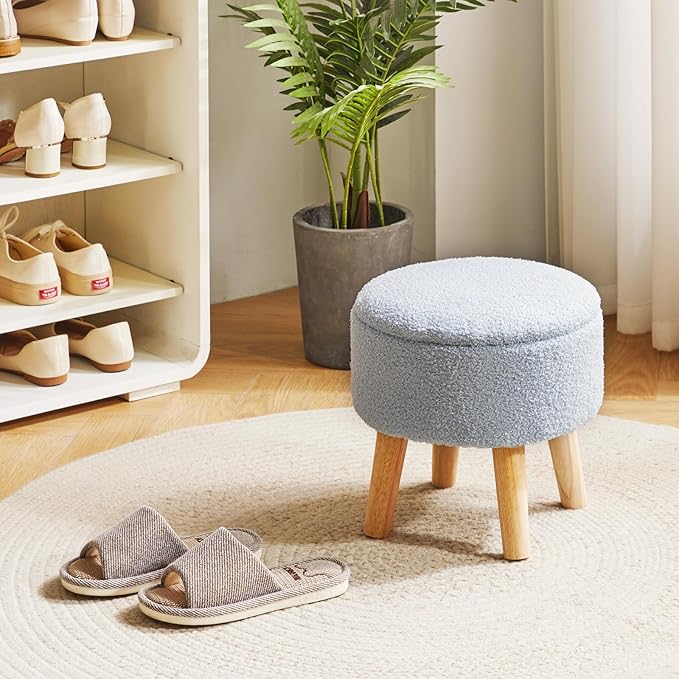 IBUYKE 13 Inch Foot Stool Ottoman with Storage, Round Small Foot Rest with Padded Seat and Wood Legs, Teddy Velvet Mini Footstool for Living Room Couch Bedroom Entryway, Gray-Blue WBD006H