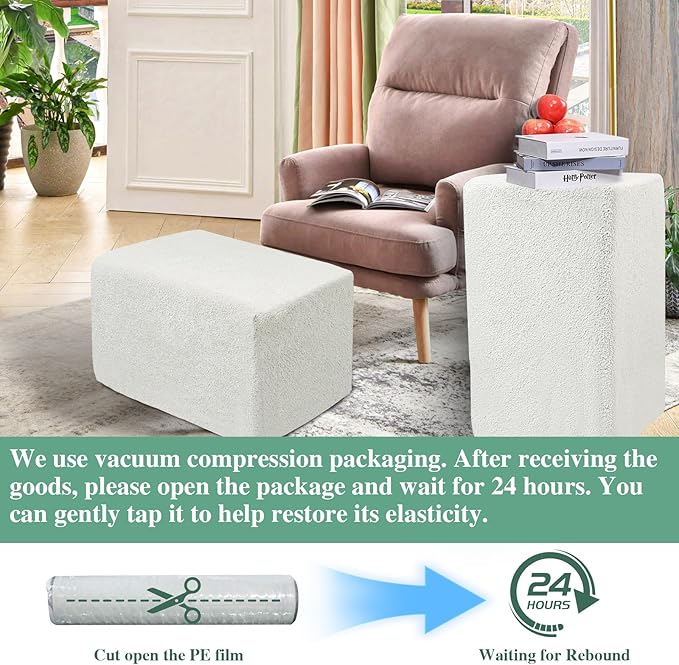 Rectangular Pouf Ottoman, Stuffed Floor Pouf with Foam Chunk Filling, Soft Coral Fleece Furry Foot Rest Stool, Multi-Use Ottoman for Living Room, White