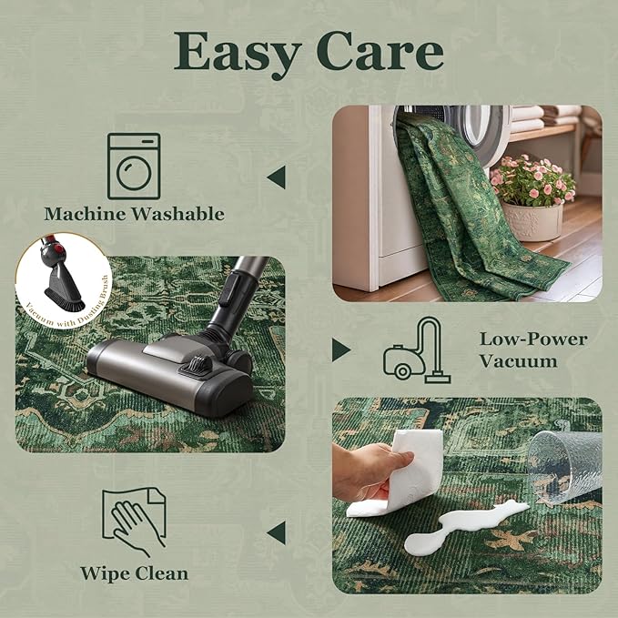 Tranditional Medallion 2x8 Dark Green Runners for Hallways Entryway, Low Pile Washable Non Slip Distressed Printed Carpet Runner Rug 8ft for Kitchen/Bedroom Bedside/Laundry Room/Bathroom