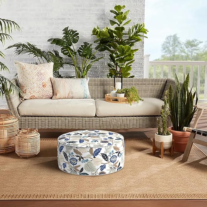 Indoor/Outdoor Inflatable Ottoman D21 x H9 inch, Round Footstool Inflatable Foot Rest Ottoman with Handle, Portable Ottomans Pouf for Patio, Garden, Camping, Home, Breeze Leaves Beige