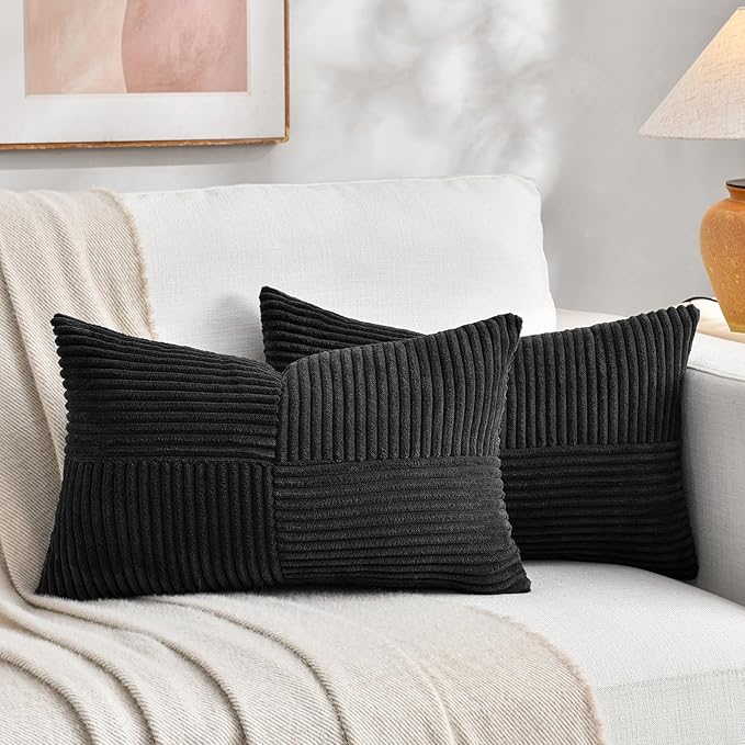 Fancy Homi 2 Packs Black Lumbar Decorative Throw Pillow Covers 16x32 Inch for Living Room Couch Bed Sofa, Rustic Farmhouse Boho Home Decor, Soft Striped Corduroy Rectangle Accent Cushion Case 40x80 cm