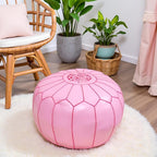 Stuffed Round Design Moroccan Leather Pouf Ottoman, Handmade, Pre-Filled, 100% Genuine Leather, 13” Height x 20” Diameter, Footstool & Living Room Décor (Pink)