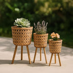 Set of 3 Woven Basket Decorative Planter Pot with Stand – Handcrafted Bamboo Pine Wood Outdoor & Indoor Plant Pot – Boho Garden & Home Decor Planters – 19", 22", & 26", Brown