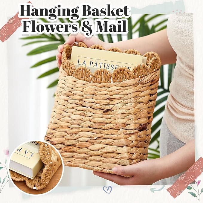 Honeydak Hanging Basket for Front Door 10.2" H Scalloped Water Hyacinth Woven Wall Mounted Organizer Handmade Storage for Flowers, Mails, Small Plants, Farmhouse, Garden, Fall Thanksgiving Decoration