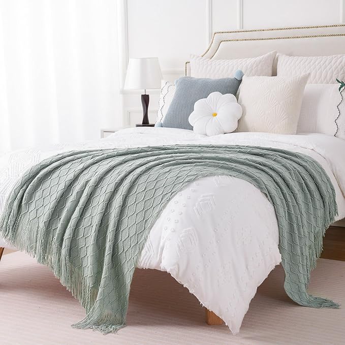 BATTILO HOME Sage Green Throw Blanket for Couch, Light Blue Knit Throw Blanket, Decorative Textured Sage Throw for Home Decor, 50"x60"