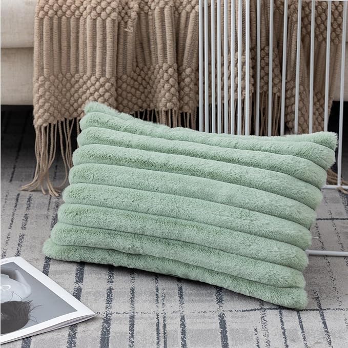 ZLINA Set of 2 Light Green Faux Fur Decorative Throw Pillow Covers Fluffy Striped Pillowcase Cushion Covers 12 x 20 Inch Decor Sofa Couch Bedroom