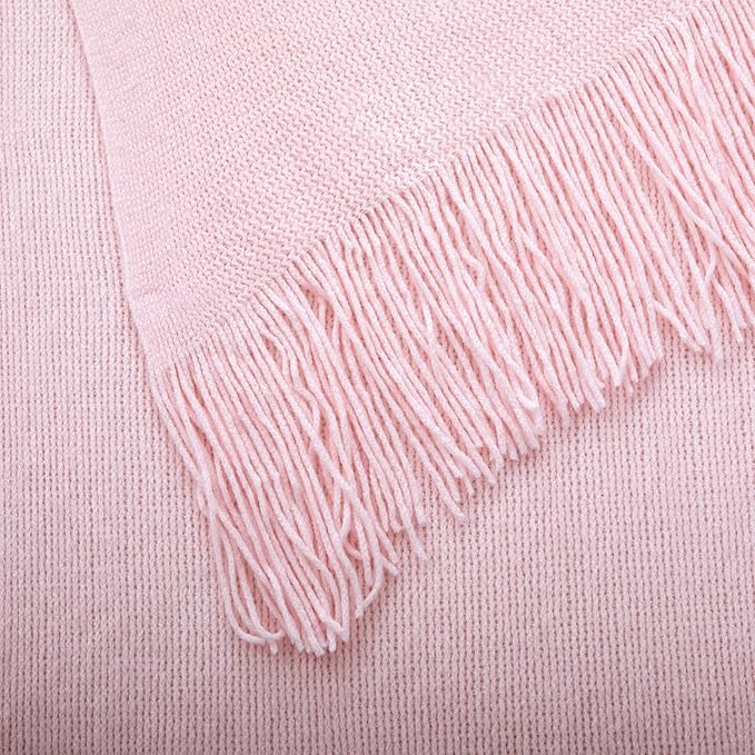 Vonty Pink Knitted Blanket with Tassels Fringe 60" x 80", Super Soft Knit Throw Blanket, Farmhouse Decorative Lightweight Blanket for Couch, Sofa, Bed