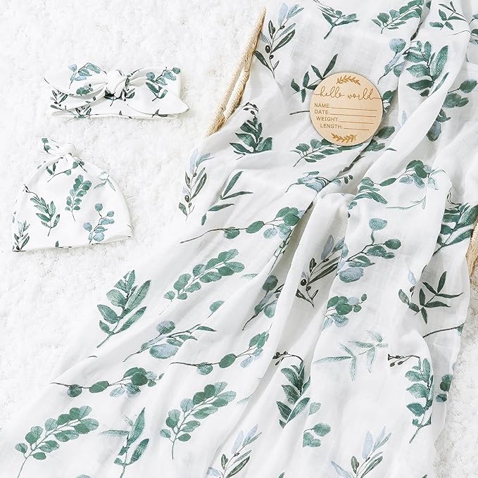BabyWhale Muslin Swaddle Blanket with Hat and Headband Bow, Boho Green Eucalyptus Leaves Swaddle Set for Newborns, Breathable Receiving Blanket Wrap, Large 47x47 inches