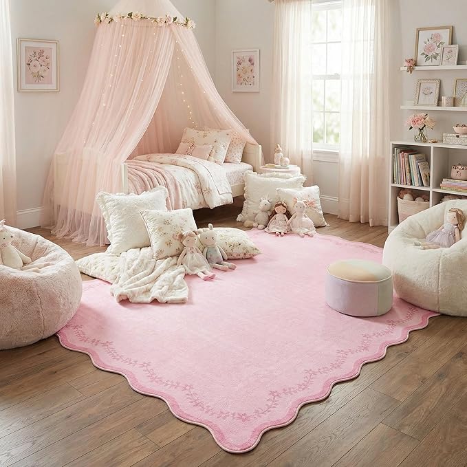 GarveeHome 5x7 Valentines Scalloped Area Rug Pink Washable Rugs for Living Room Bedroom, Soft Low Pile Non Slip Accent Floor Mat Solid Floral Print Throw Rug Farmhouse Indoor Carpet for Dorm Playroom