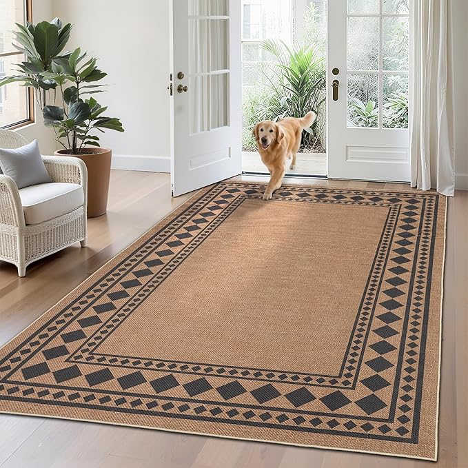 GarveeHome Solid Bordered Easy Jute Rug 5x7 Washable Jute Rugs for Living Room Patio Farmhouse Indoor Outdoor Rug Non Slip Non-Shedding Neutral Rugs for Patio Backyard Dining Room Bedroom, Brown