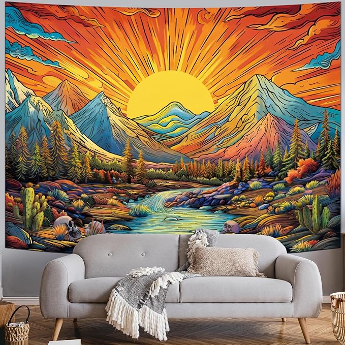 Serborlur Boho Sun Mountain Tapestry Trippy Forest Tree Tapestry Vintage Aesthetic Magic River Tapestries Nature Landscape Wall Hanging for Bedroom Home Decor (70.8" x 92.5")