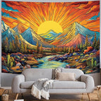 Serborlur Boho Sun Mountain Tapestry Trippy Forest Tree Tapestries Vintage Aesthetic Plant Magical River Wall Tapestry Nature Landscape Wall Hanging for Bedroom Living Room (59.1 × 78.7 inches)