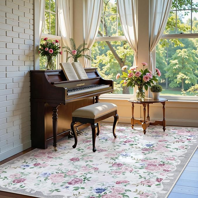 Lahome Purple Floral 5x7 Area Rugs, Boho Rugs for Bedroom Girls,Vintage Living Room Rug Non Slip Low Pile Ultra-Thin Large Carpet for Farmhouse,Dining Room,Kids,Nursery Nina(5'X7',Purple/Grey)