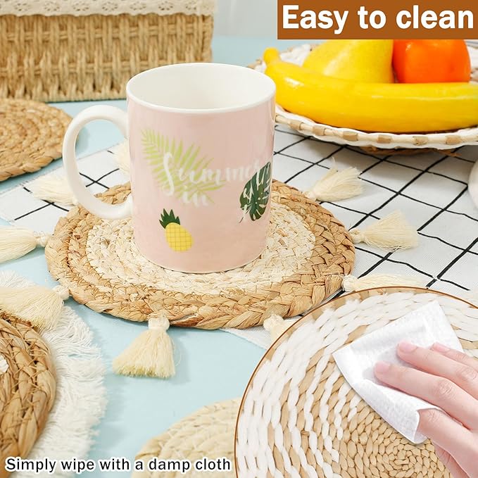 HJJWNDDNG 9 Pack Boho Wall Basket Decor Set, Hanging Woven Seagrass Rattan Wicker Boho Wall Decor, Round Farmhouse Wall Hanging Baskets Rustic Flat Wall Art for Living Room Bedroom Kitchen (Style 3)