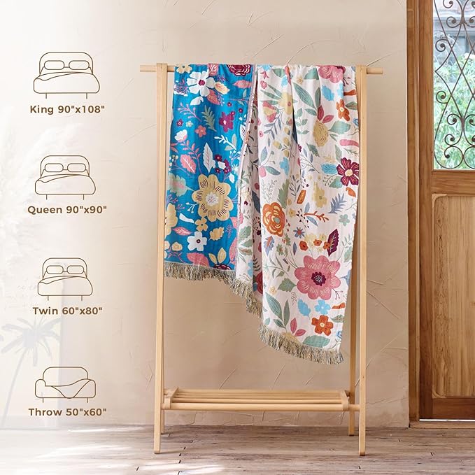 Boho Throw Blanket for Bed Cotton Spring Blankets Twin Size for Bedroom Living Room All Season Lightweight Floral Embroidery Quilt for Couch Sofa Chair 60"x80"