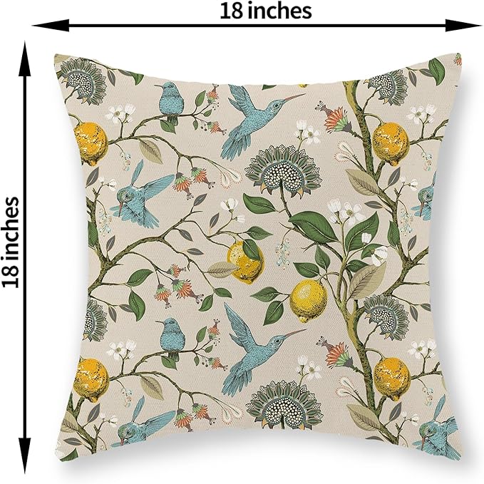 Chinoiserie Pillow Covers 18x18 Set of 2 Blue Green Bird Floral Throw Pillows Vintage Yellow Lemon Flowers Decorations Pillowcase Outdoor Chinoiserie Decor Linen Cushion Case for Couch Home