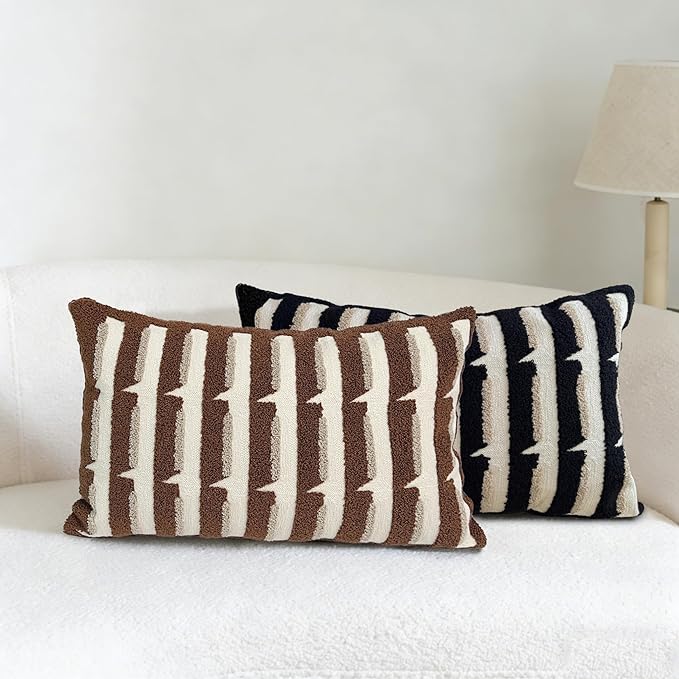 20"x20" Black Cream Stripe Tufted Pillow Covers Luxury Geometric Accent Pillows Soft Woven Decorative Pillow Cases for Couch, Sofa, Bedroom Décor (Black, 20"×12")
