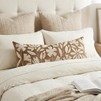 BlissBlush 14x36 Lumbar Pillow Cover for Bed, Brown Rectangular Long Throw Pillowcase, Embroidered Velvet Floral Tufted Farmhouse Accent Cushion (Cover Only)