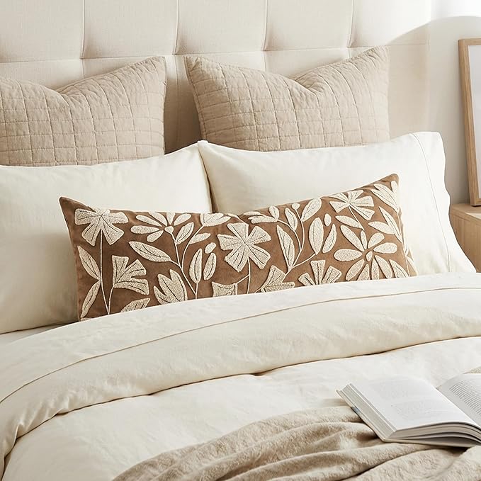 BlissBlush 14x36 Lumbar Pillow Cover for Bed, Brown Rectangular Long Throw Pillowcase, Embroidered Velvet Floral Tufted Farmhouse Accent Cushion (Cover Only)