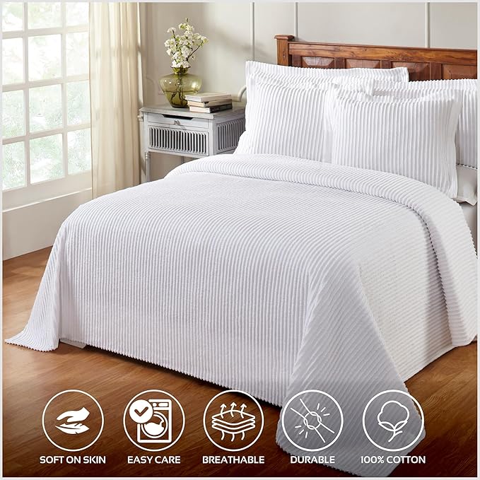 Better Trends Chenille Bedspreads Queen Size, White 100% Cotton Chenille Stripe Design Tufted Bedding Coverlet Soft Lightweight, 102"x110" 1 Pieces Jullian Collection