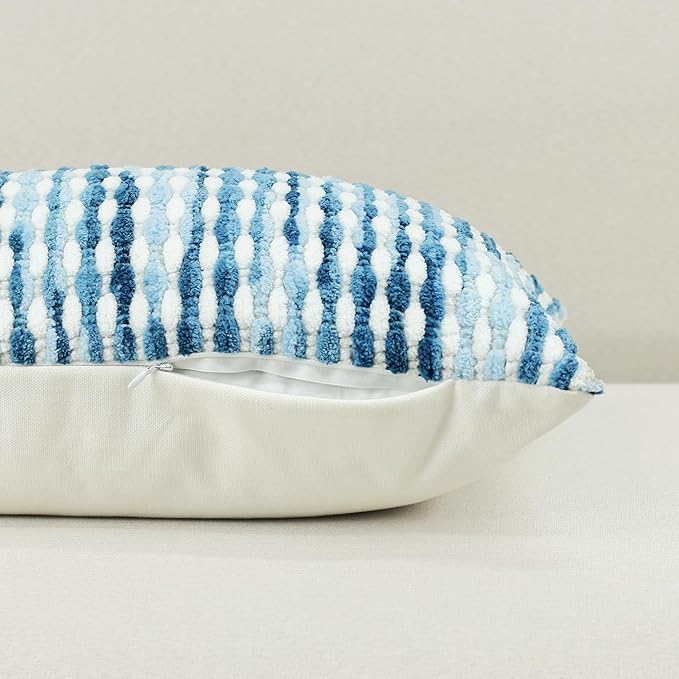 Boho Chenille Striped Pillow Cover 12x20 Inch, Decorative Lumbar Pillow Cover for Couch Bed Sofa Living Room Bedroom Farmhouse Modern Home Decor Accent Pillowcases Set of 2, Blue White