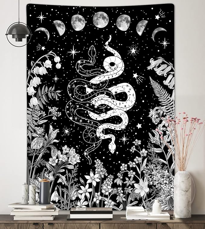 VEIGIKE Witchy Snake Vertical Tapestry, Trippy Black and White Floral Moon Phase Cool Tarot Tapestry Wall Hanging for Bedroom Aesthetic, Nature Tapestries Poster Blanket College Dorm Decor (40X60)